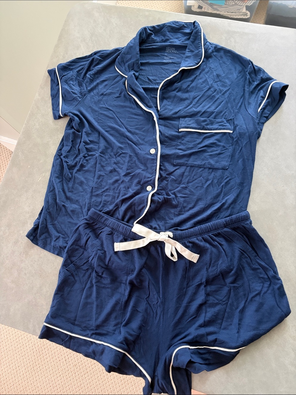 Stars Above Navy Short Sleeve Pajama Set with White Piping